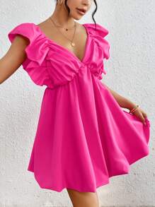 Breezaya Solid Color Back-Tied Ruffle Decor Edged Dress Vacation Beach Outfits Women