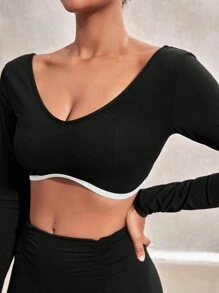 SHEIN Sports Color Block Halter Neck Round Collar Cropped Sports T-Shirt - Black - View 4