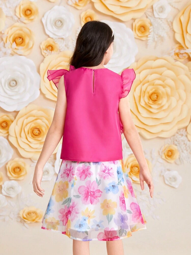 Tween Girls' Loose Fit Casual Ruffled Neck Top And Skirt Set