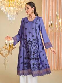 Divindia Patched Lace Cuff Botanic Printed Long Sleeve Kurtas Top - Purple - View 5