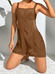 SHEIN Swim 女性純色無袖遮陽服連體褲 - 卡其色 - 查看 6