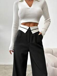 EURMUSE Spring And Autumn Loose And Drape Wide-Leg Suit Pants With Fold-Over Waistline And Floor-Length - Black - View 5