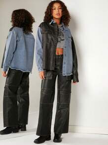 Denimoi Mixed Media PU Leather Denim Jacket - Multicolor - View 3