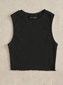 SHEIN EZwear 生菜邊羅紋針織背心上衣 - 黑色 - 查看 4