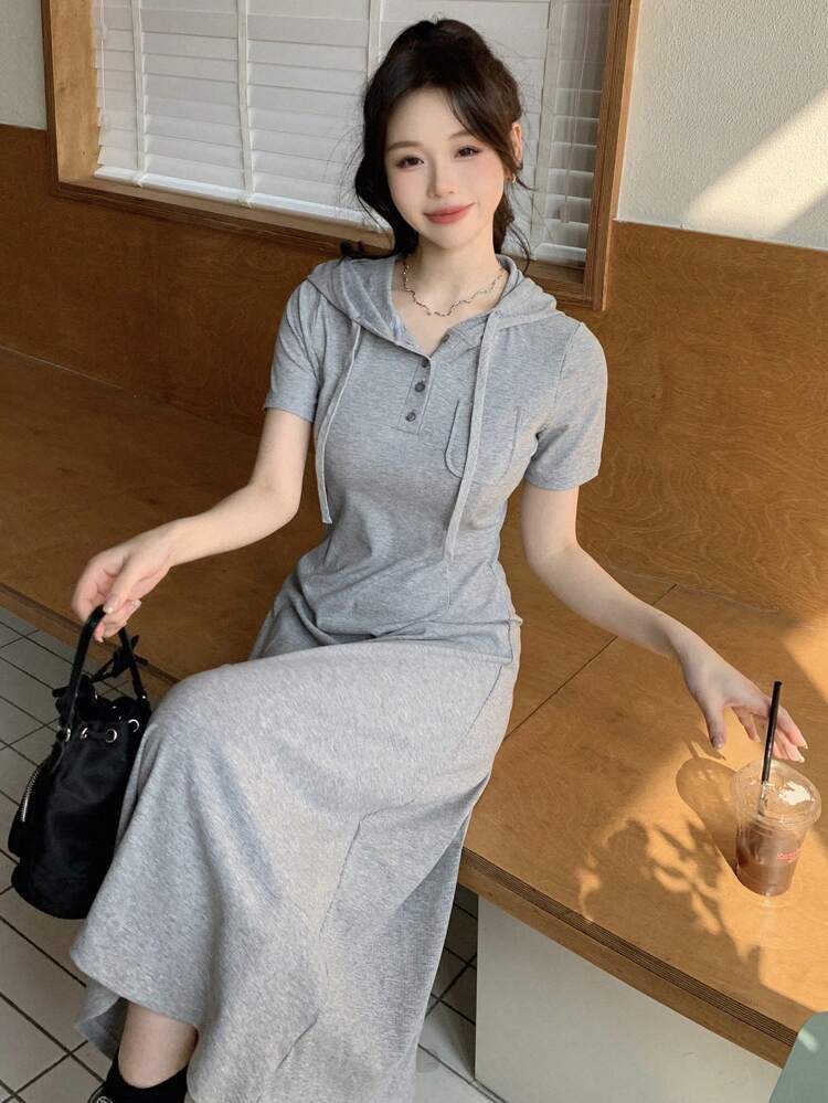 Women's Short Sleeve Solid Color Hooded Dress Sundress,Casual Women Dresses Maxi Dress