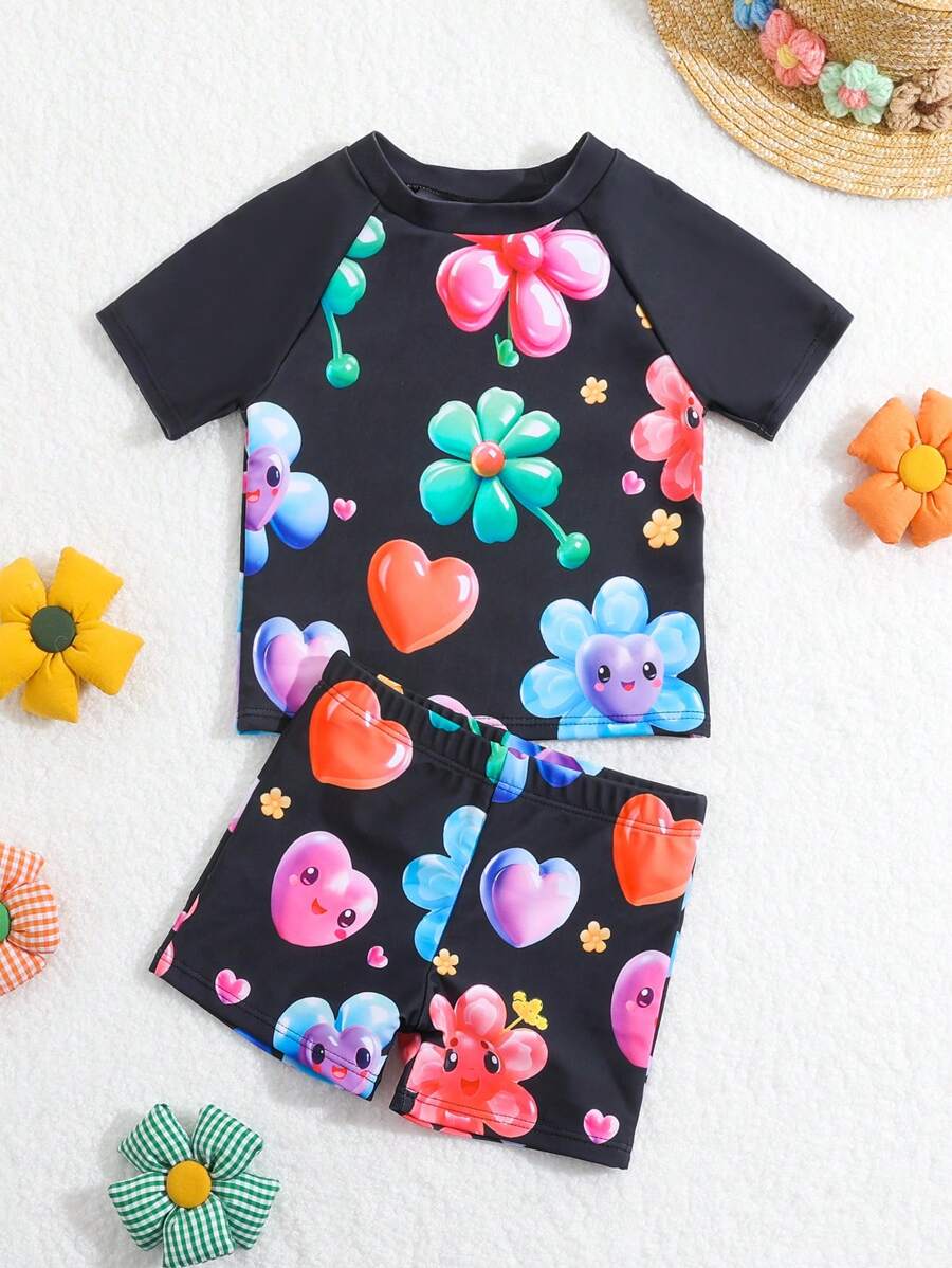 Baby Boy Cartoon Heart & Flower Pattern Long Sleeve Swimsuit - Black - View 1