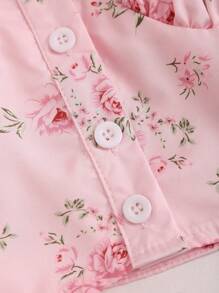 SHEIN Unity Bộ áo hai dây xếp li in hoa và váy viền xếp nếp cho nữ - Hồng - Xem 3