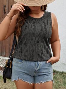 SHEIN LUNE Plus Size Round Neck Ripped Sleeveless Top - Black - View 5