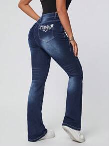 Women's Embroidered Flared Jeans - Blue - View 2