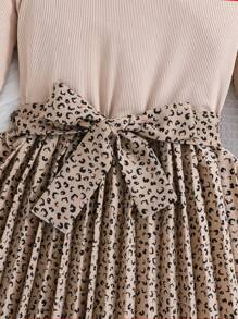 Tween Girl Stand Collar Leopard Print Pleated Hem Belted Dress With Long Sleeves - Apricot - View 5