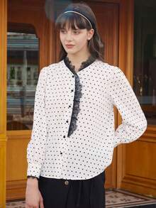 Simple Retro Women Polka Dot Lace High Neck Shirt - Black and White - View 3