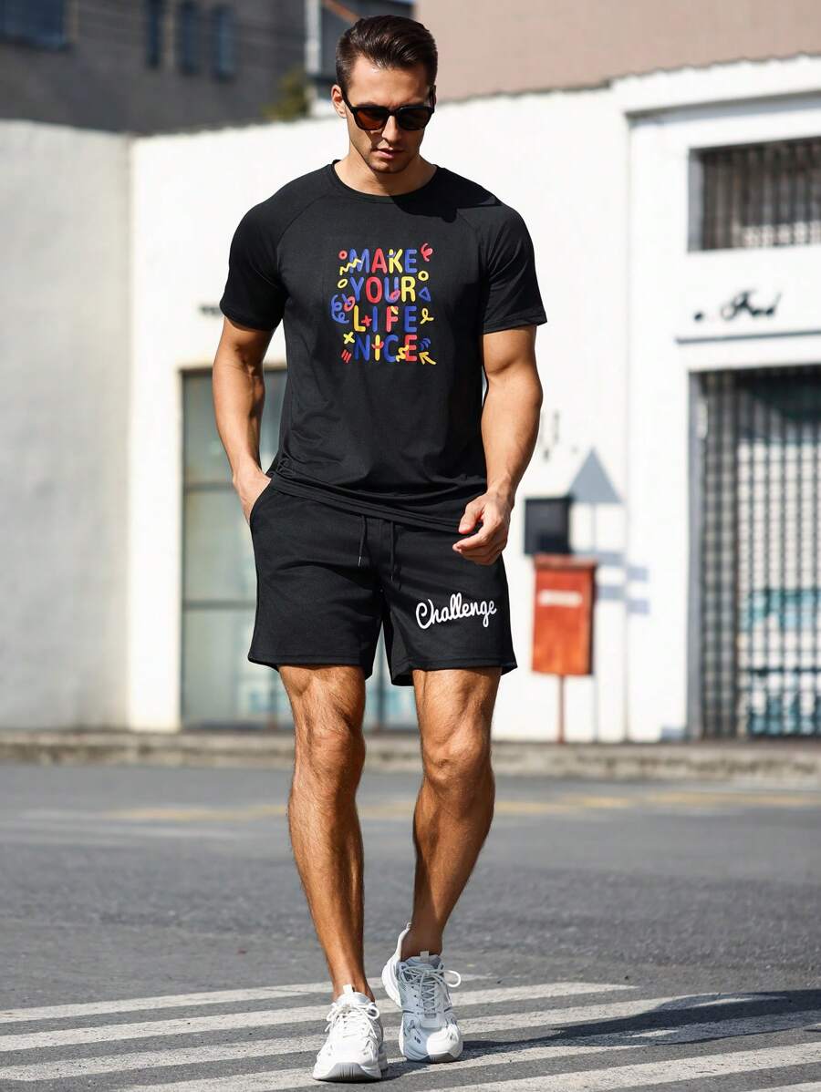 Manfinity Sport Corelite 男款字母印花插肩短袖運動t卹 - 黑色 - 查看 1