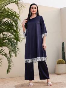 Mulvari Của phụ nữ Sáng bóng Tua viền Dài Áo Và Quần Hai chiếc Bộ - Màu xanh hải quân - Xem 5