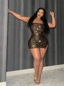 Slaydiva Slayr 大码女式优雅性感修身亮片中长吊带裙，带侧开衩，适合音乐节、派对、庆典 - 金色 - 查看 5