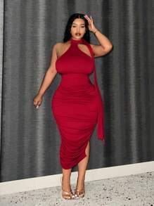 Slaydiva Vestido midi elegante rojo con cuello de halter, ajustado, fluido, con recortes, drapeado y abertura lateral para mujer, adecuado para el Día de San Valentín, fiestas y citas - Rojo - Ver 4