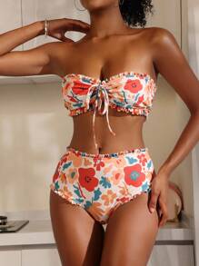 SHEIN Swim 女士花朵印花前结式抹胸比基尼套装，高腰无肩带比基尼套装泳衣沙滩装夏季度假，夏季海滩