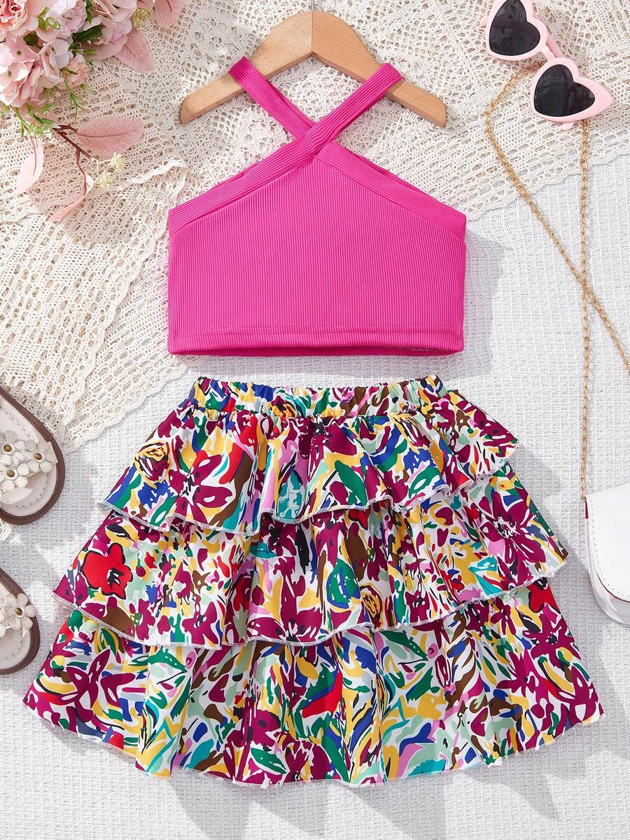 SHEIN Kleine Mädchen Sommer 2 Stücke/Set ärmelloses Halter Top und Kuchen bedruckter Rock - Heißes Pink - Übersicht 1