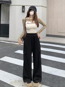 Dazy Designer 女式松紧腰翻盖口袋和侧条纹长裤，女式慢跑裤 - 黑色 - 查看 8