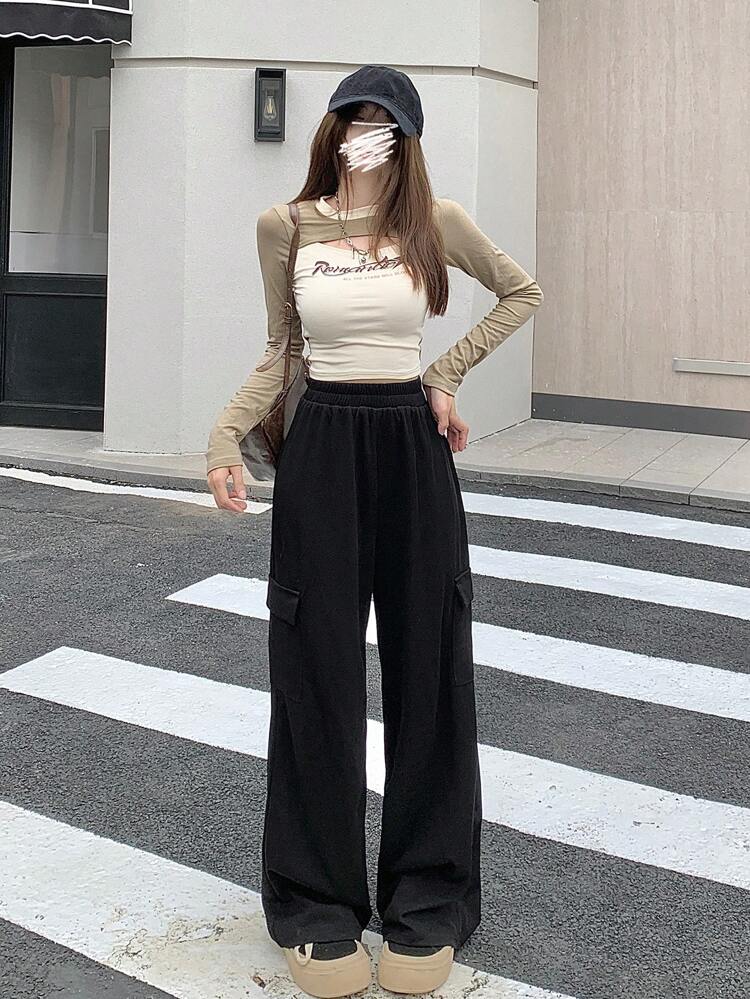 Women's Elastic Waist Flip Cover Pocket & Side Striped Long Pants,Women Joggers