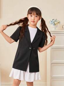 SHEIN Blusa De Manga Corta Para Niña Con Cuello Vuelto Y Conjunto De Falda - Negro - Ver 4