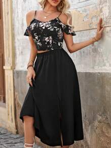 SHEIN Clasi Ngẫu nhiên In Vai rỗng Quần skinny Áo & Cái nĩa cao Bộ váy - màu đen - Xem 6
