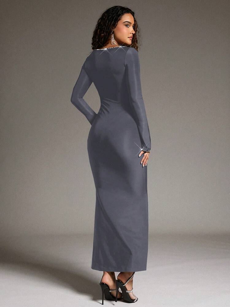 Women's Bodycon Dress Adorned With Rhinestone Trim