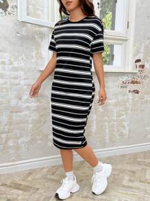 SHEIN EZwear 黑白條紋針織連衣裙 - 黑色 - 查看 4