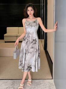 DAZY Tie-Dye Print Strappy Cami Dress Sundress,Casual Women Dresses - Light Grey - View 6