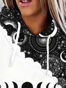 SHEIN EZwear 月亮星星圖案袋鼠口袋落肩袖抽繩連帽衫 - 彩色 - 查看 3