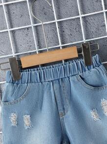 SHEIN 年輕男孩街頭復古風格的太空人印花短袖t恤配牛仔短褲套裝,適用於夏季 - 彩色 - 查看 4