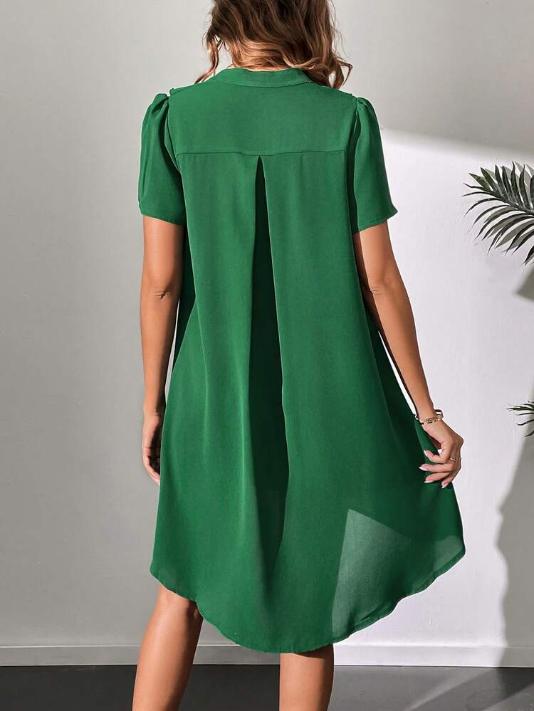 Solid Color Notched Neckline Dress With Ruffled Trimmed Edges