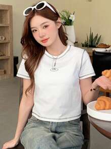 DAZY 女士短袖圓領t恤,腰部剪裁設計 - 白色 - 查看 8