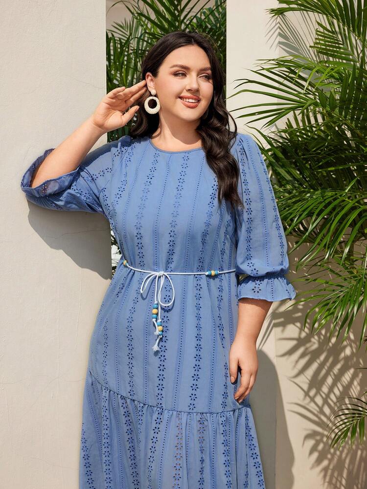 Plus Size Women's Dress With 3/4 Sleeves And Ruffle Hem