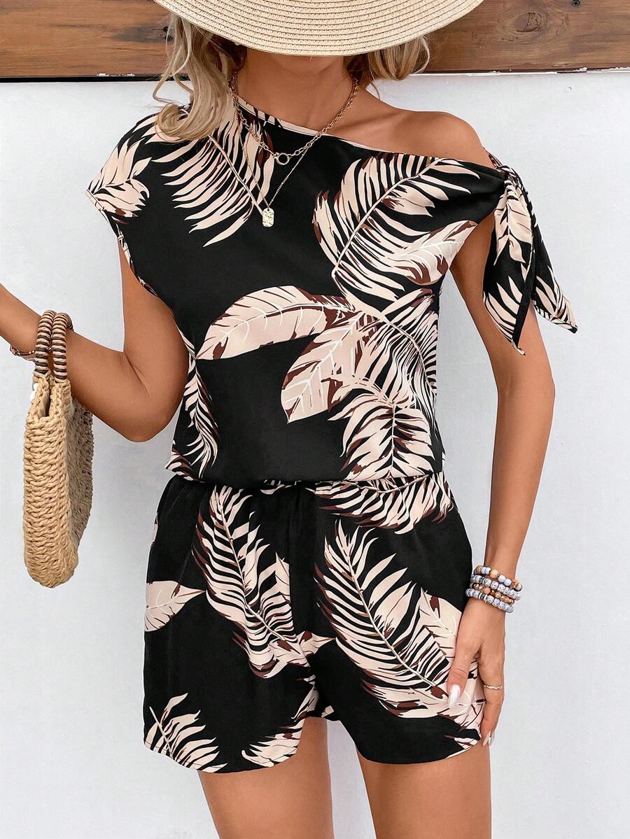 SHEIN VCAY 女款植物印花斜肩上衣短褲套裝 - 彩色 - 查看 1