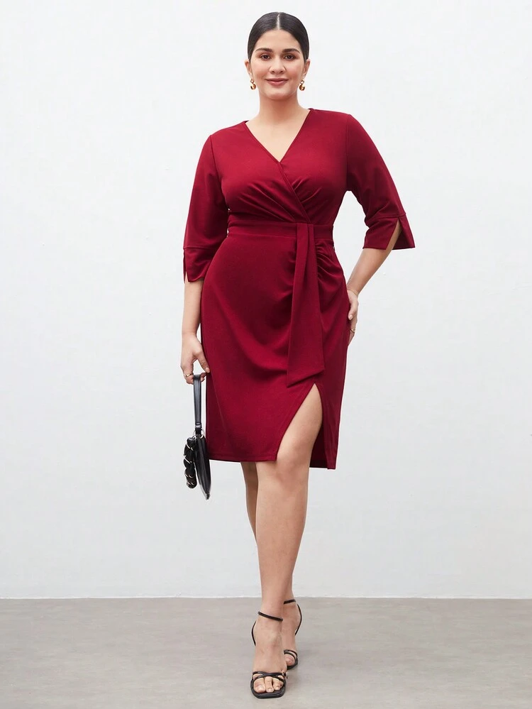 Plus Size Fitted Wrap Neck Slit Sleeve Bodycon Dress