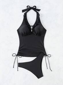 SHEIN Swim 嘉年華女式露肩荷葉邊比基尼 - 黑色 - 查看 7