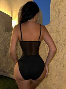 Zolique Sparkly Large Mesh Perspective Patchwork Bodysuit - Black - View 2