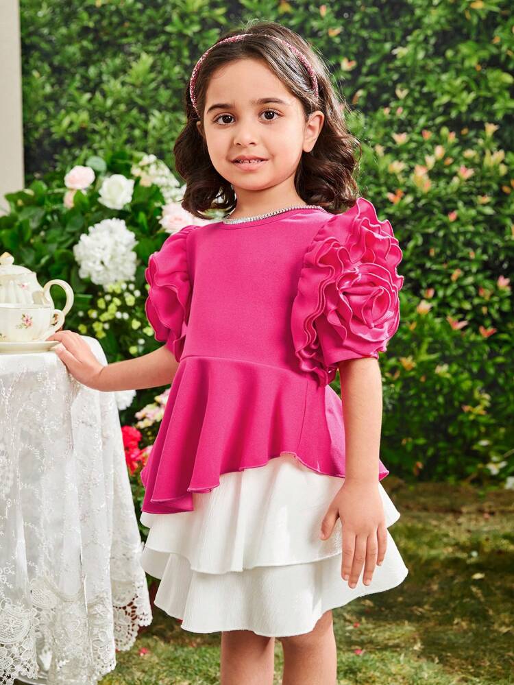 Young Girl's Urban Elegant Round Neck Ruffle Sleeve Tee With 3d Flowers Decoration And Flowy Hem