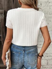 SHEIN Frenchy Chèn Lace Ngắn tay Áo thun - trắng - Xem 2