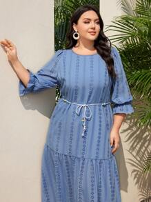 Mulvari 大尺碼女裝 3/4 袖荷葉邊連身裙 - 藍色 - 查看 7