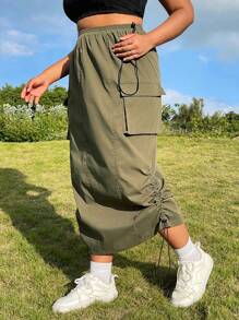 SHEIN EZwear 加大碼綠色編織長裙,雙邊束帶細節 - 軍綠色 - 查看 5