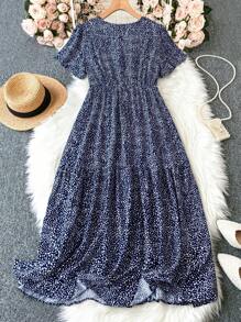 SHEIN LUNE 大码女式 V 领印花连衣裙，女式夏季服装 - 藏蓝色 - 查看 2