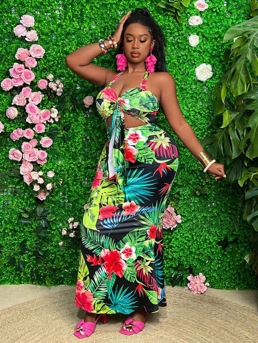 Slaydiva 大码女式夏季镂空露背热带植物印花连衣裙