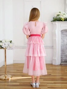 Tween Girls' Mesh Edging Round Neck Puff Sleeve Jacquard Blouse Matched With Mesh Tiered Hem Skirt Two Pieces Set