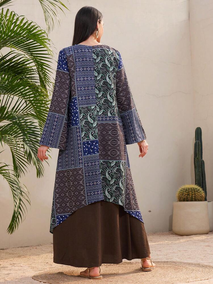 Women's Arabic Style Long Sleeve Caftan Dress With Paisley Printed