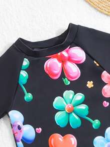 Baby Boy Cartoon Heart & Flower Pattern Long Sleeve Swimsuit - Black - View 3