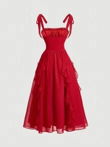 SHEIN MOD Vestido de cuello redondo de gasa roja con correa de lazo, dobladillo con volantes plisados, perfecto para las vacaciones de verano