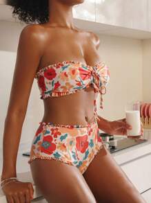 SHEIN Swim 女士花朵印花前结式抹胸比基尼套装，高腰无肩带比基尼套装泳衣沙滩装夏季度假，夏季海滩