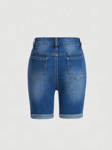 SHEIN 少女連身牛仔短褲,破洞設計與捲邊設計