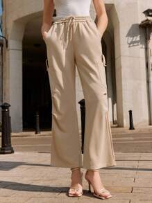 Anewsta 實色抽繩腰編織褲帶口袋 - 卡其色 - 查看 4